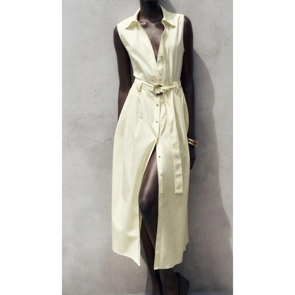 Zara Belted Poplin Midi Shirt Dress Yellow Women's Size M NWOT Cotton V-Neck - Picture 2 of 11